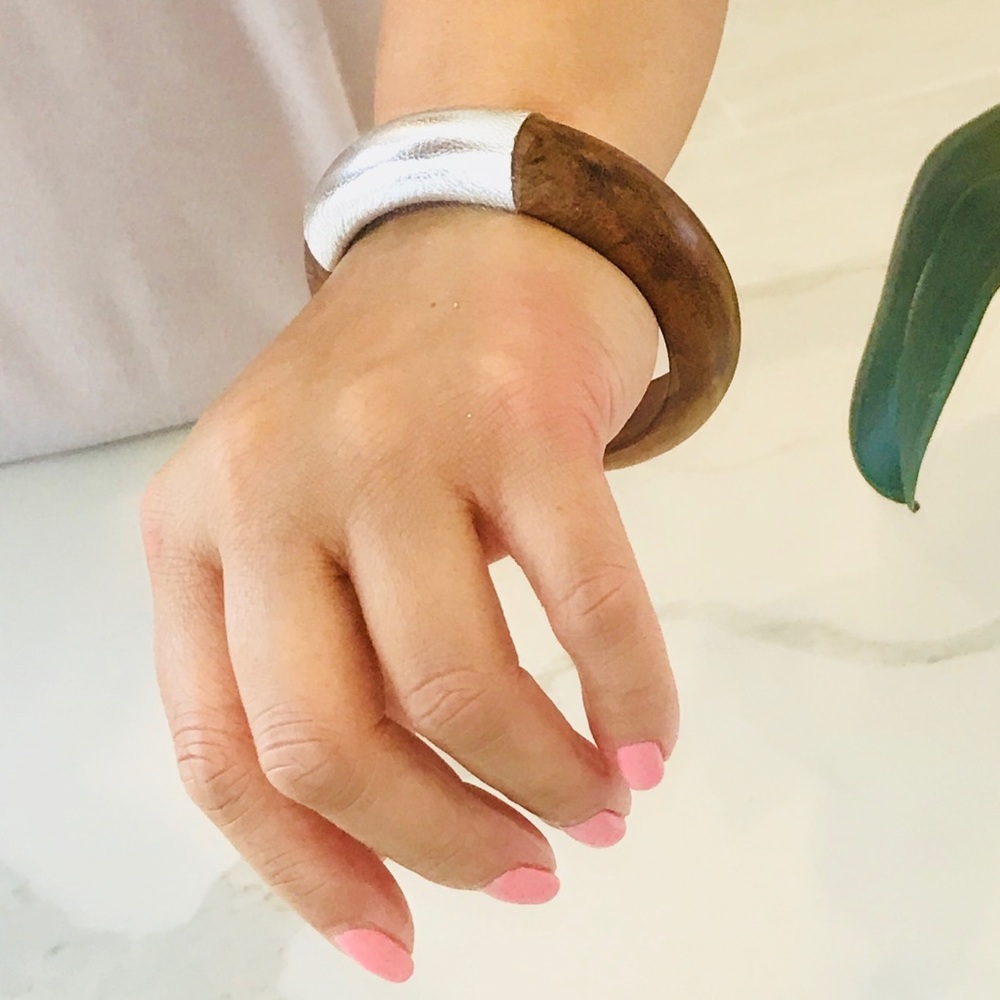 Wood & Silver Metallic Leather Bracelets